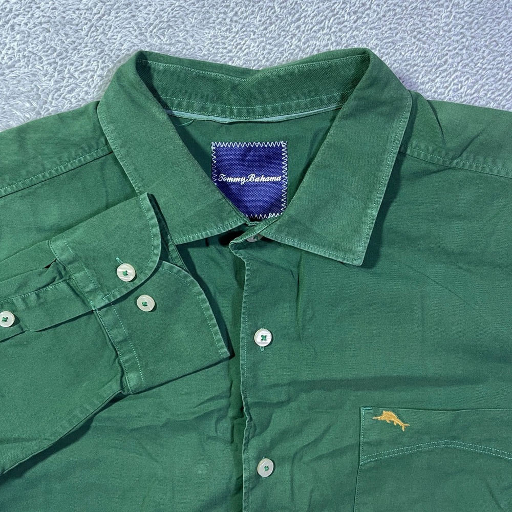 Tommy Bahama Mens L G Green Button Down Shirt‎ Silk Cotton Blend Fish Logo